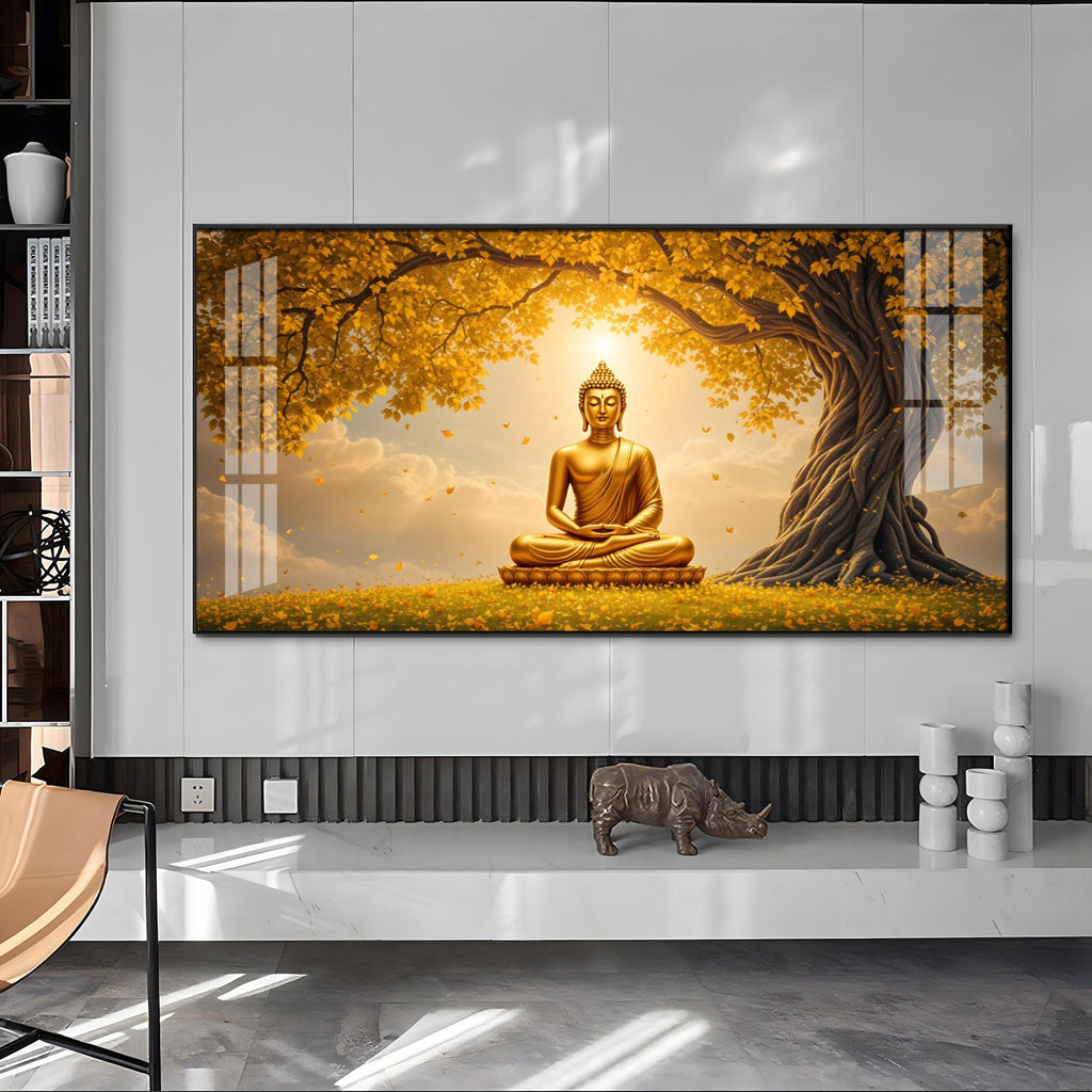 Meditating Buddha Under Goldern Tree Premium Acrylic Horizontal Wall Art