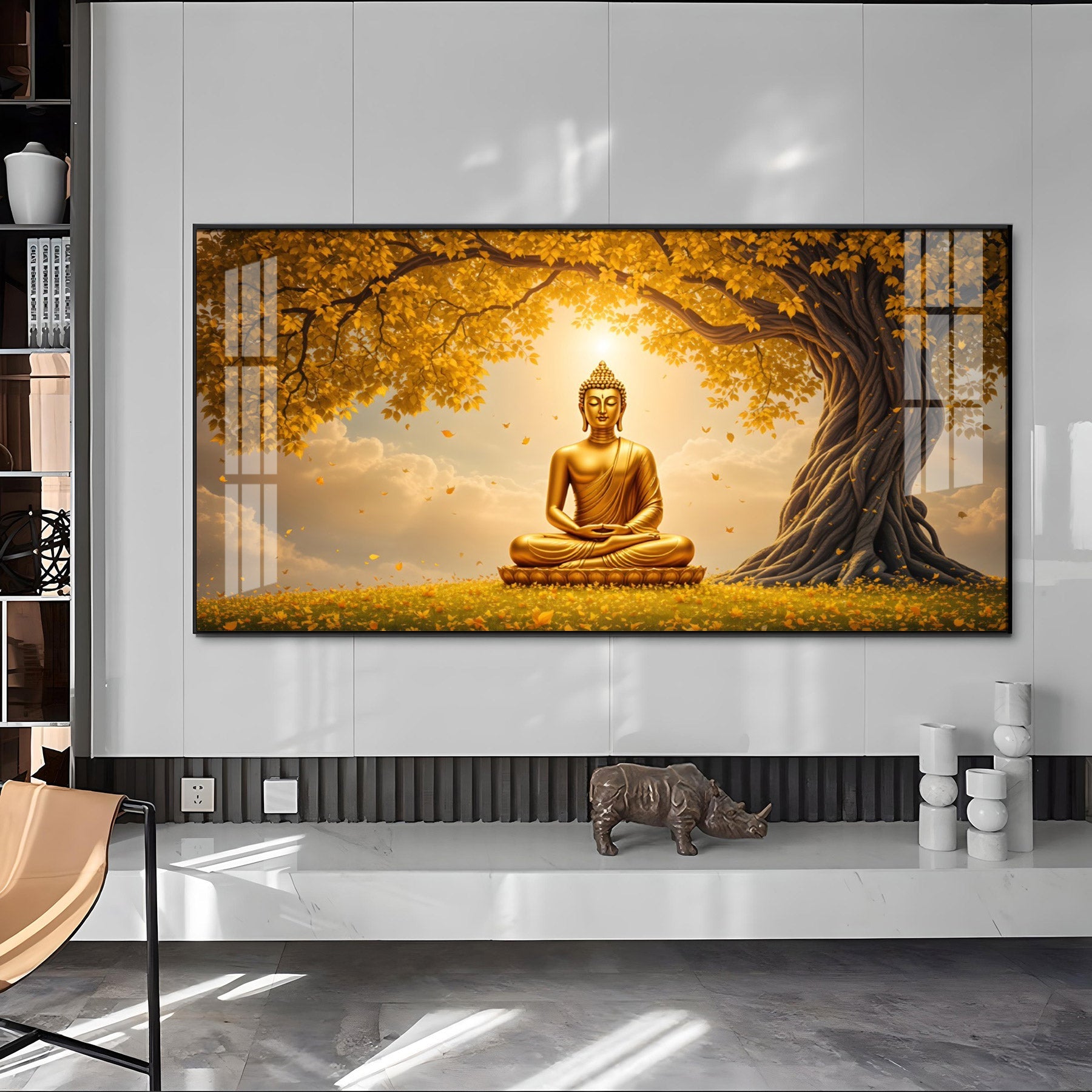 Meditating Buddha Under Goldern Tree Premium Acrylic Horizontal Wall Art