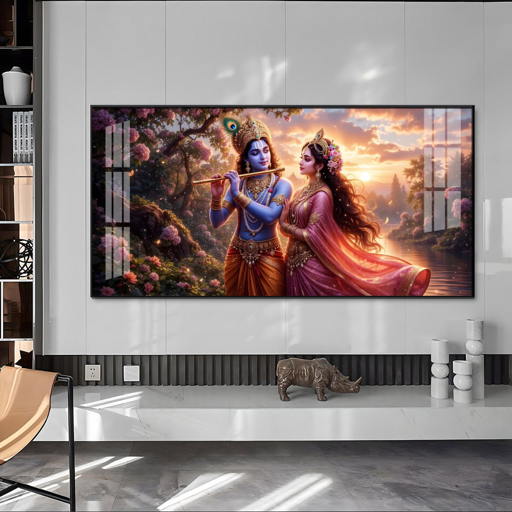 Radha Krishna Divine Love In Nature Premium Acrylic Horizontal Wall Art