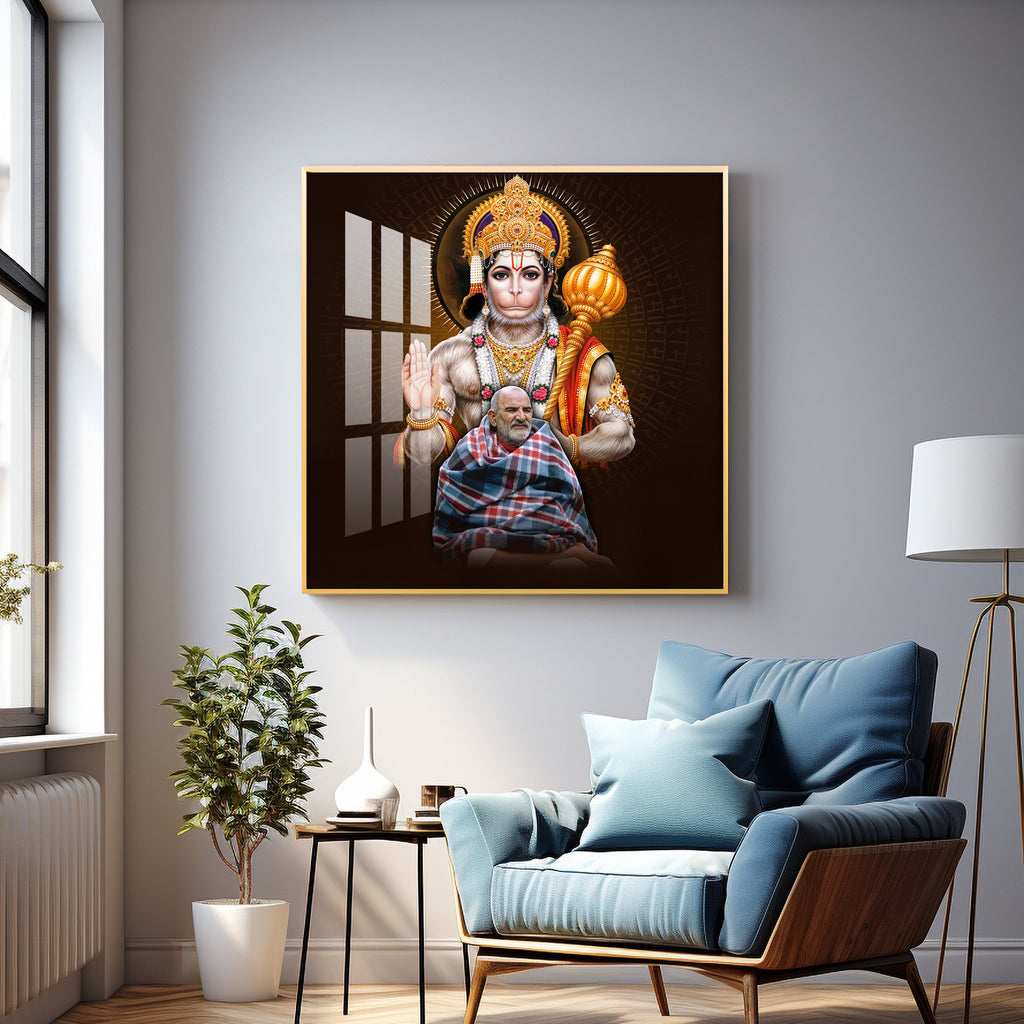 Lord Hanuman Ji and Neem Karoli Baba Premium Acrylic Square Wall Art