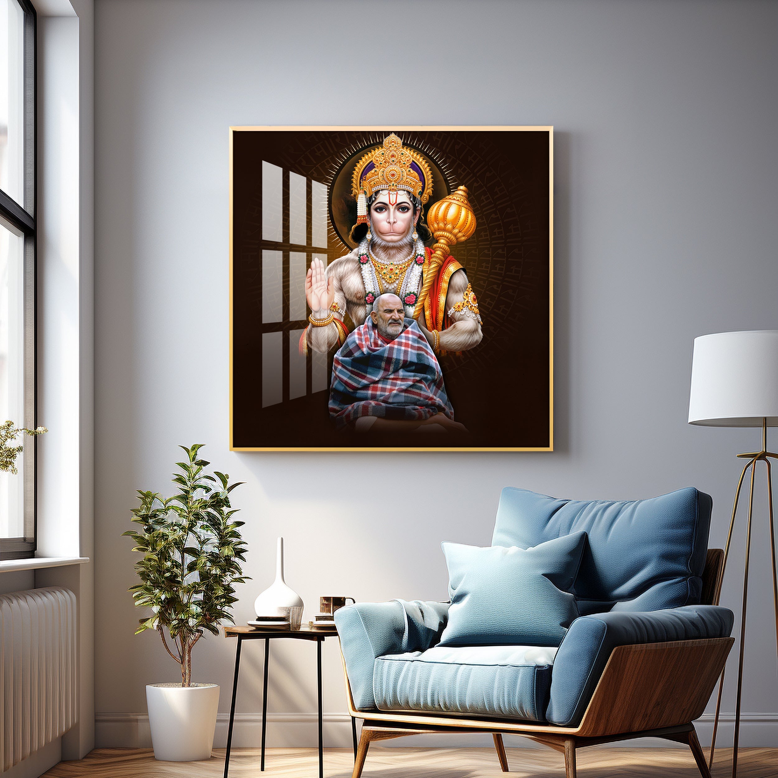 Lord Hanuman Ji and Neem Karoli Baba Premium Acrylic Square Wall Art
