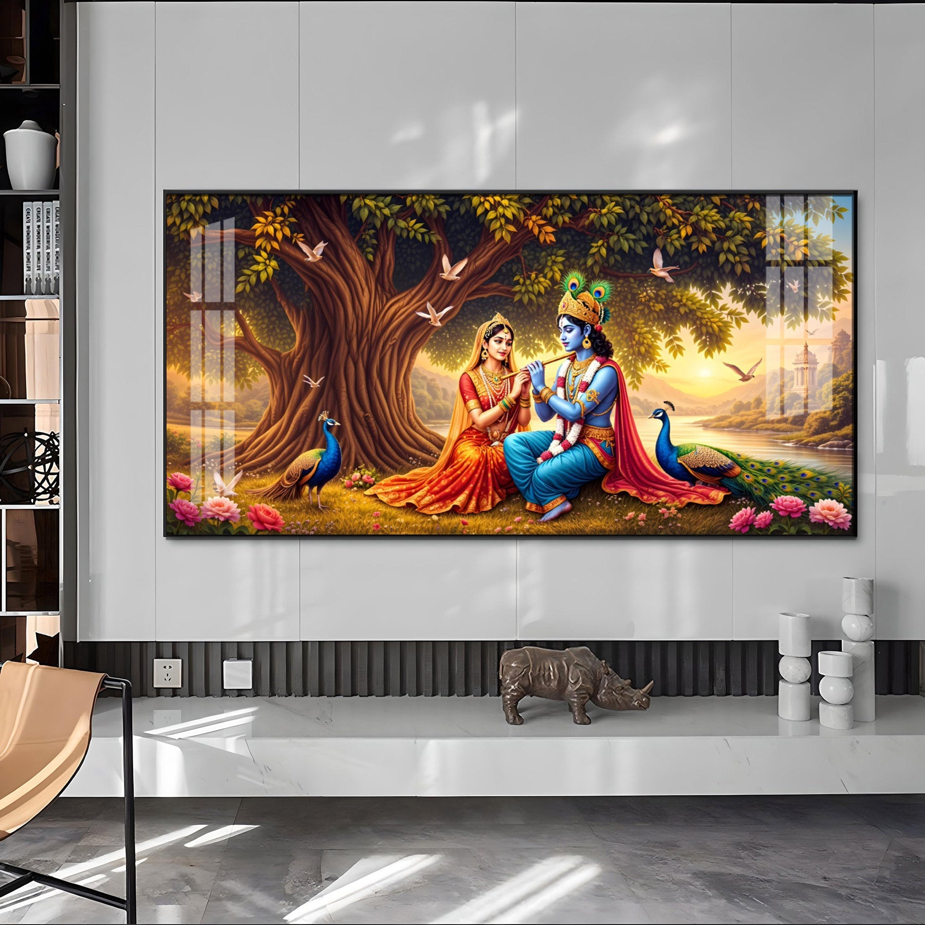 Radha Krishna In Sunset Forest Premium Acrylic Horizontal Wall Art
