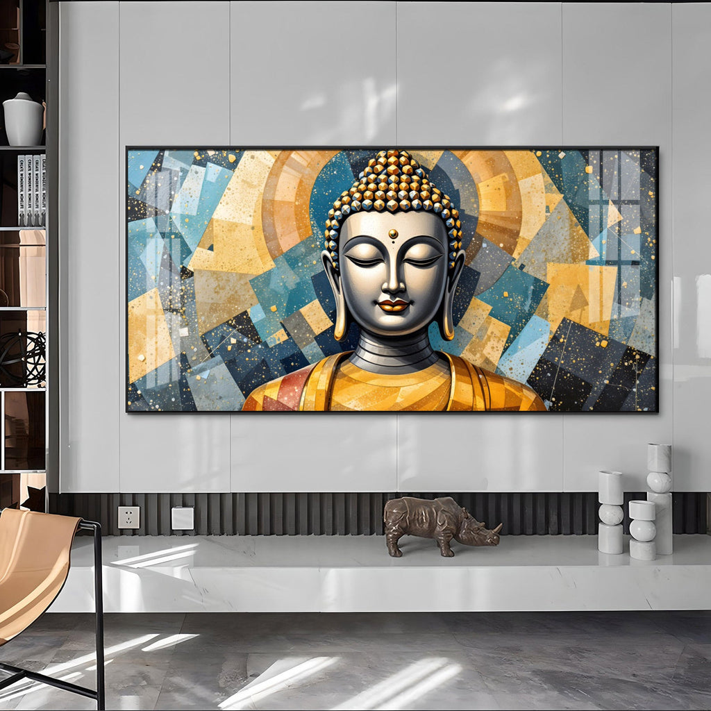 Abstract Buddha Face Portrait Premium Acrylic Horizontal Wall Art