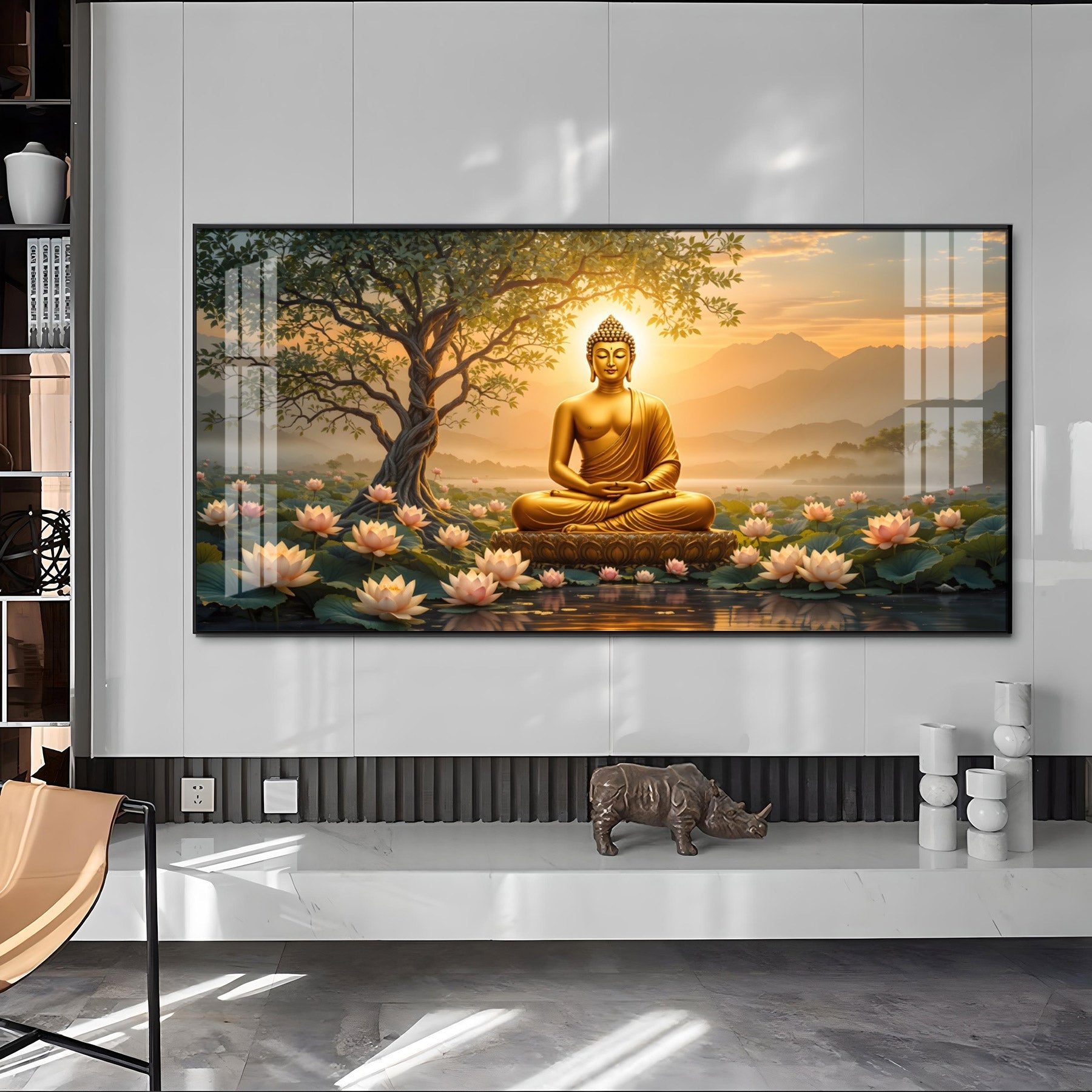 Blissful Buddha With Lotus Petal Premium Acrylic Horizontal Wall Art