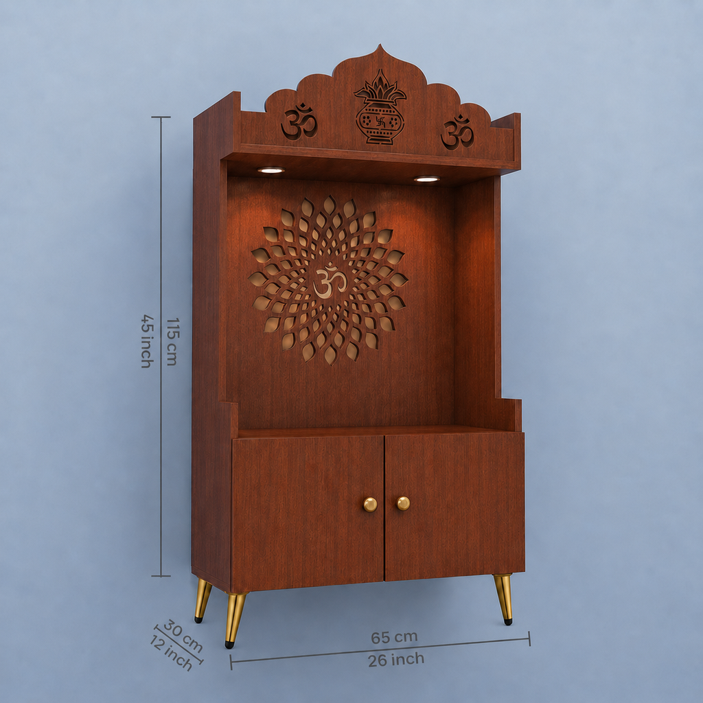 White Wooden Floor Pooja Mandir with Kalash & Om Top Design Lotus Pattern Back Panel Storage Cabinet