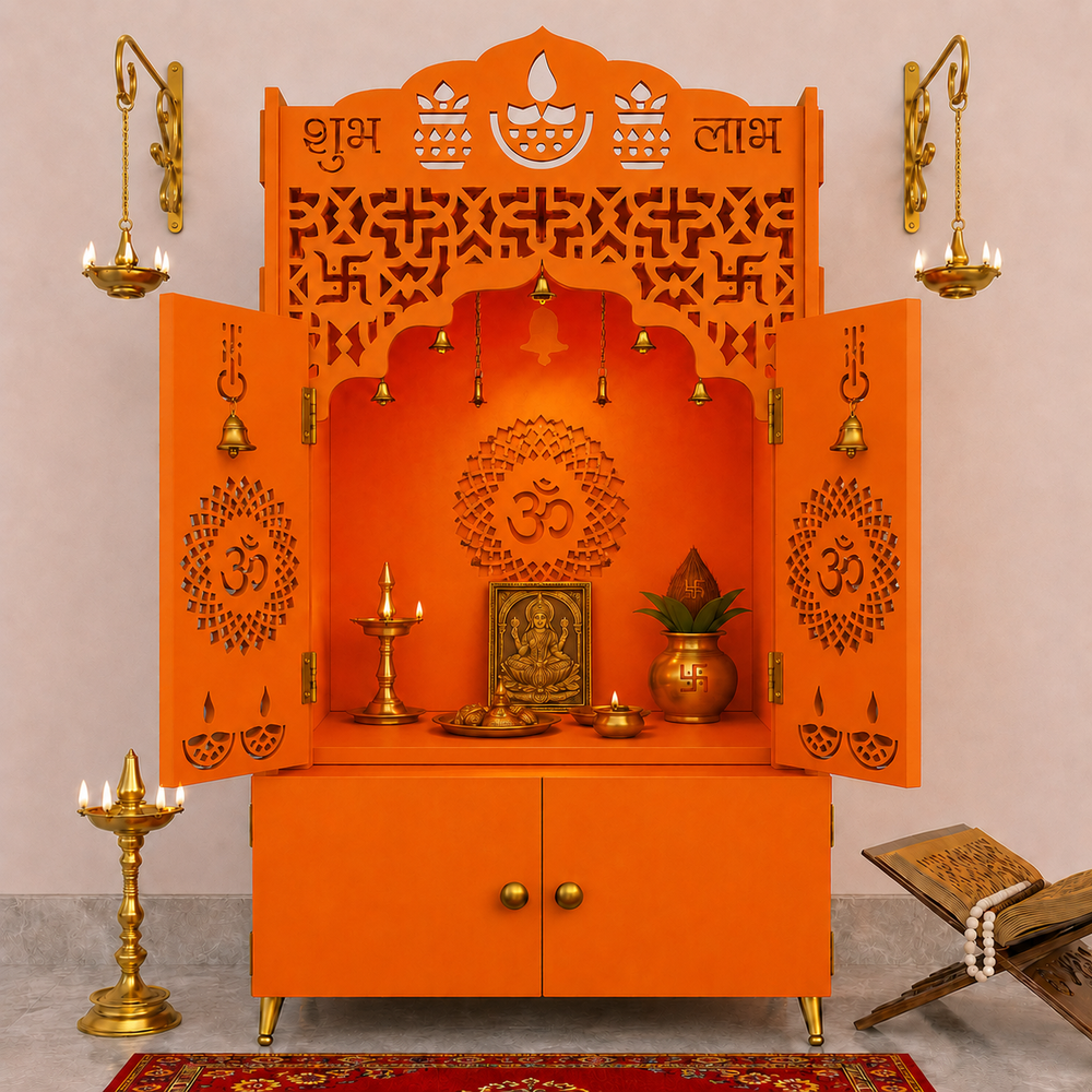 Modern Bhagwa Wooden Floor Pooja Mandir with Doors Laser-Cut Om & Diya Design with Storage Cabinet
