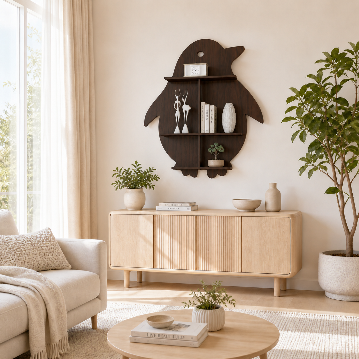 Penguin Backlit Designer Wooden Wall Shelf / Book Shelf / Night Light, Walnut Finish