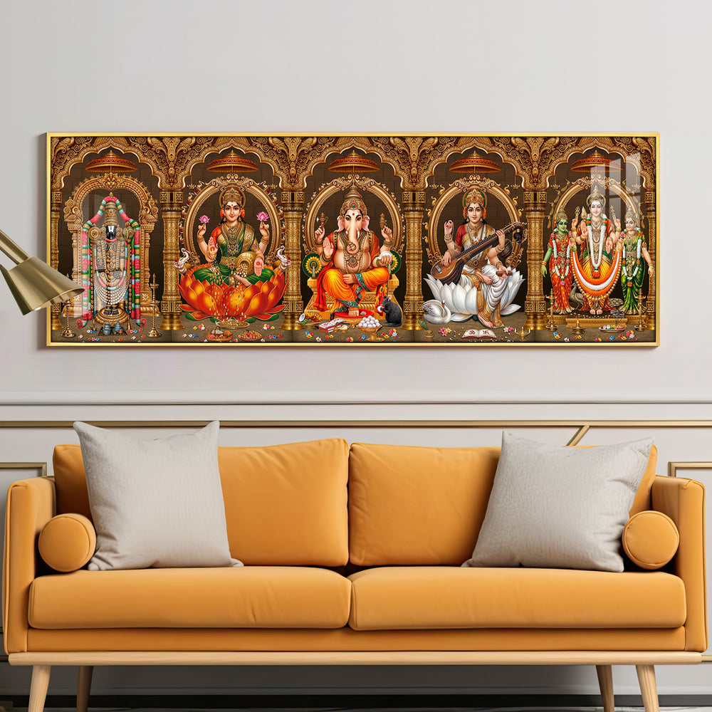 Divine Perumal, Lakshmi, Ganesha, Saraswati & Murugan Premium Acrylic Horizontal Wall Art
