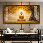 Meditating Buddha Under Goldern Tree Premium Acrylic Horizontal Wall Art