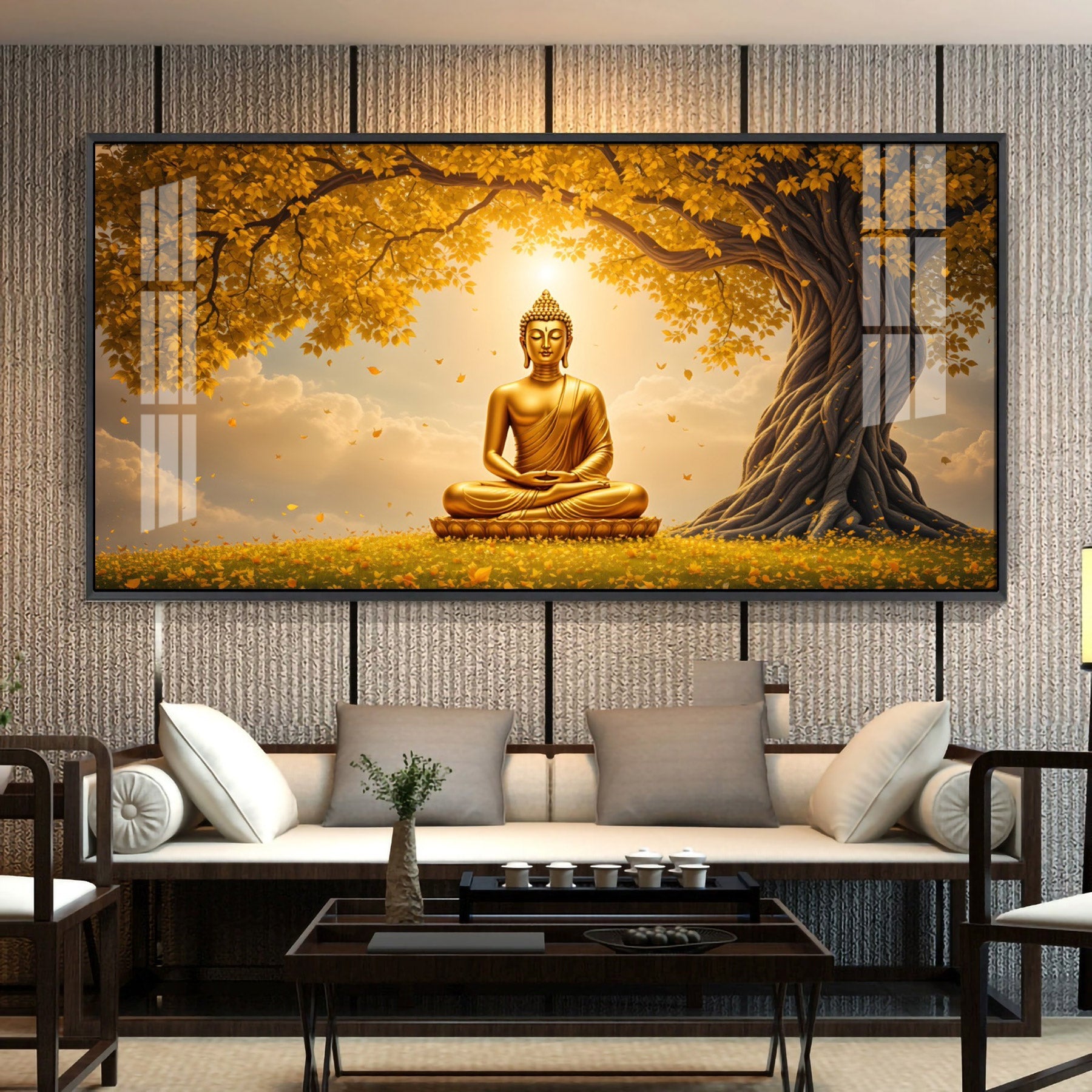 Meditating Buddha Under Goldern Tree Premium Acrylic Horizontal Wall Art