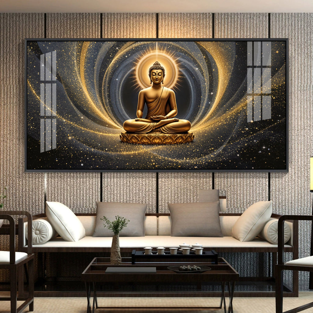Golden Wave Buddha Reflection Premium Acrylic Horizontal Wall Art