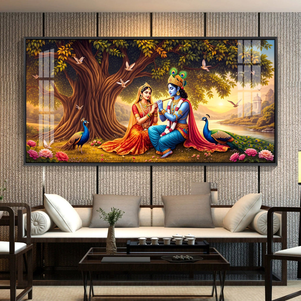 Radha Krishna In Sunset Forest Premium Acrylic Horizontal Wall Art