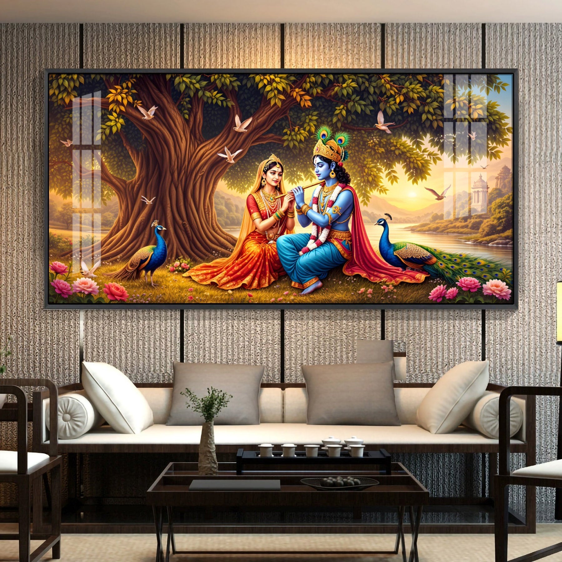 Radha Krishna In Sunset Forest Premium Acrylic Horizontal Wall Art