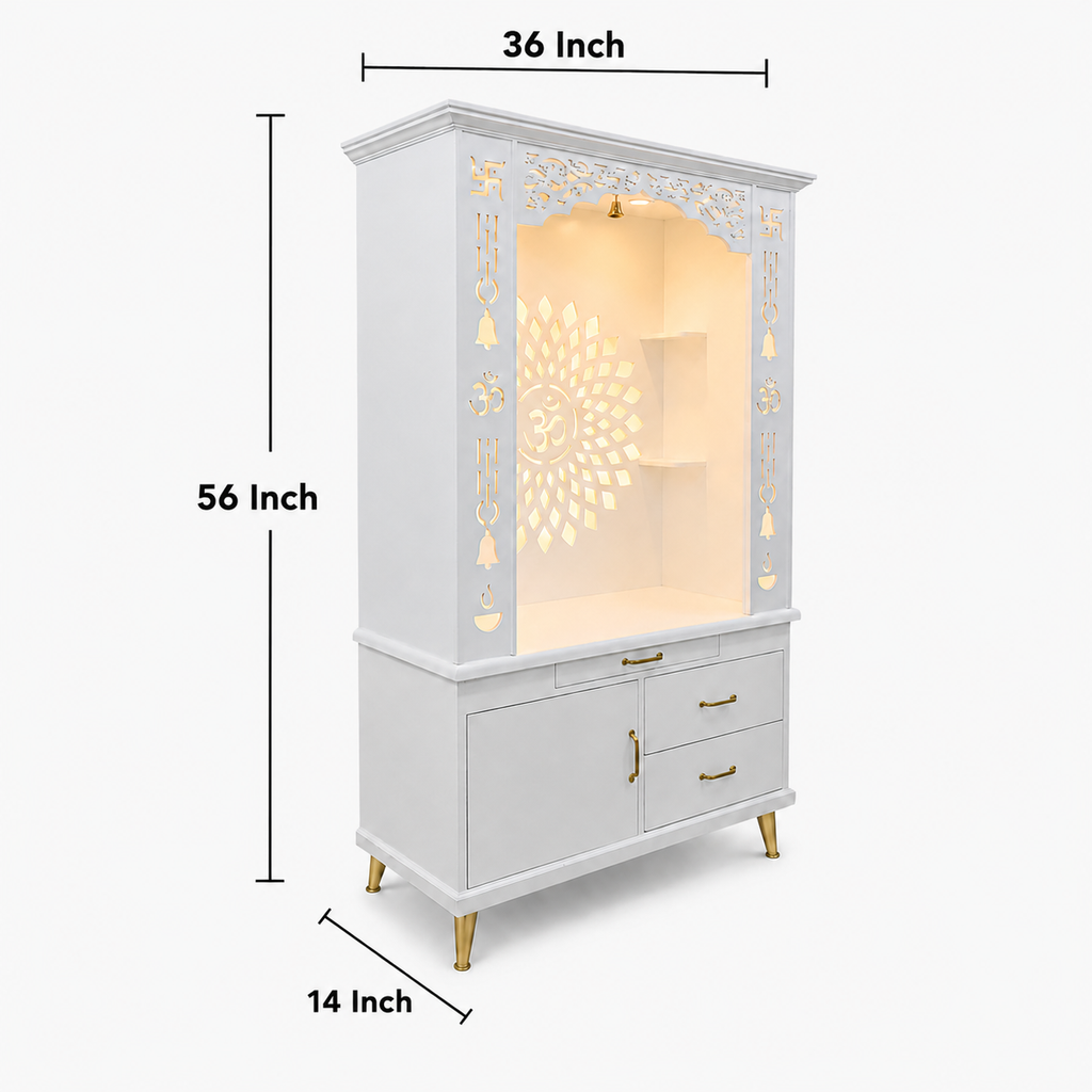 Gorgeous White Wooden Temple with OM LED Back Panel & Spacious Drawers Storage Cabinet for Home & Office