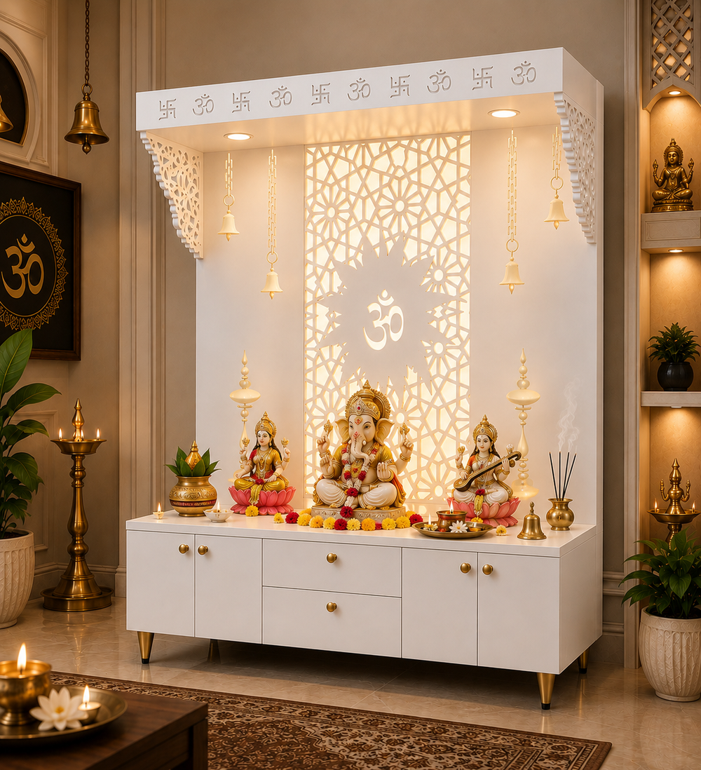 Spacious Wooden Pooja Mandir with Backlit Om Design and Storage