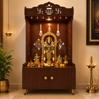 White Wooden Floor Pooja Mandir with Kalash & Swastik Design Laser-Cut Bell Shankh & Chakra Motifs & Storage Cabinet