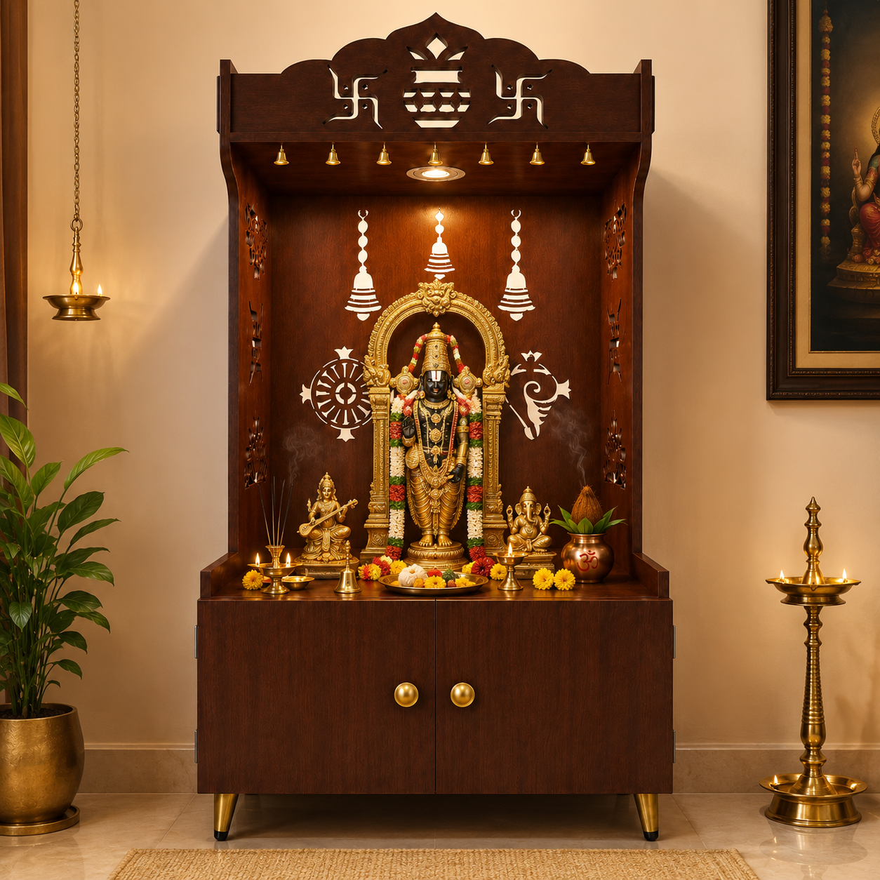 White Wooden Floor Pooja Mandir with Kalash & Swastik Design Laser-Cut Bell Shankh & Chakra Motifs & Storage Cabinet
