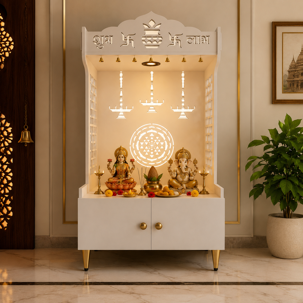 Elegant Wooden Floor Pooja Mandir with Laser-Cut Design with Storage Cabinet