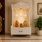 Elegant Wooden Floor Pooja Mandir with Laser-Cut Design with Storage Cabinet