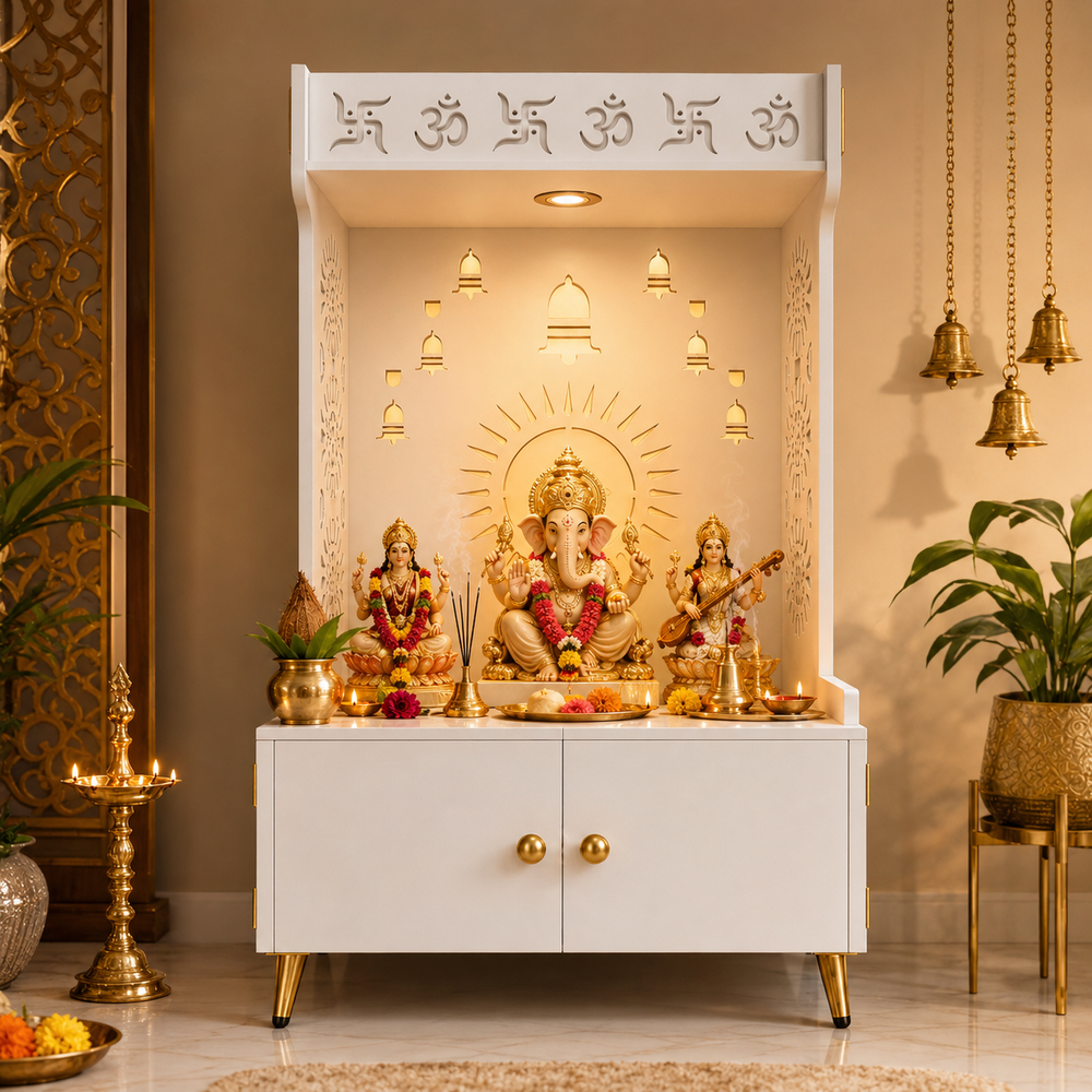 White Wooden Floor Pooja Mandir with Om & Swastik Design Ganesh Laser-Cut Back Panel Bell Motifs & Storage Cabinet
