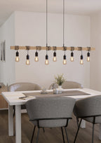9 Light Black Steel Natural Wooden Bar Wooden Ceiling Light