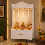 White Wooden Floor Pooja Mandir with Trishul & Kalash Design Laser-Cut Bell & Lotus Motifs & Storage Cabinet