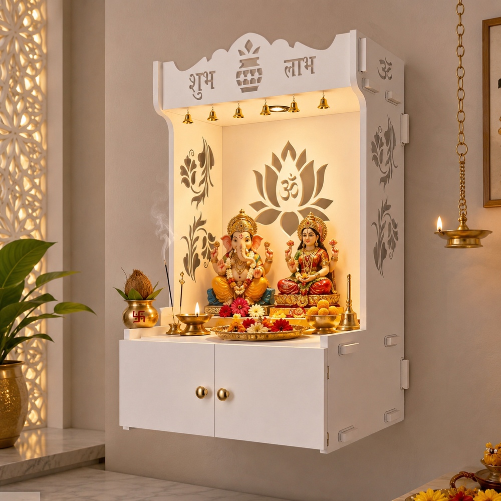 Beautiful Lotus Pattern White Wooden Wall Temple for Home With Inbuilt focus Lights & Spacious Shelf