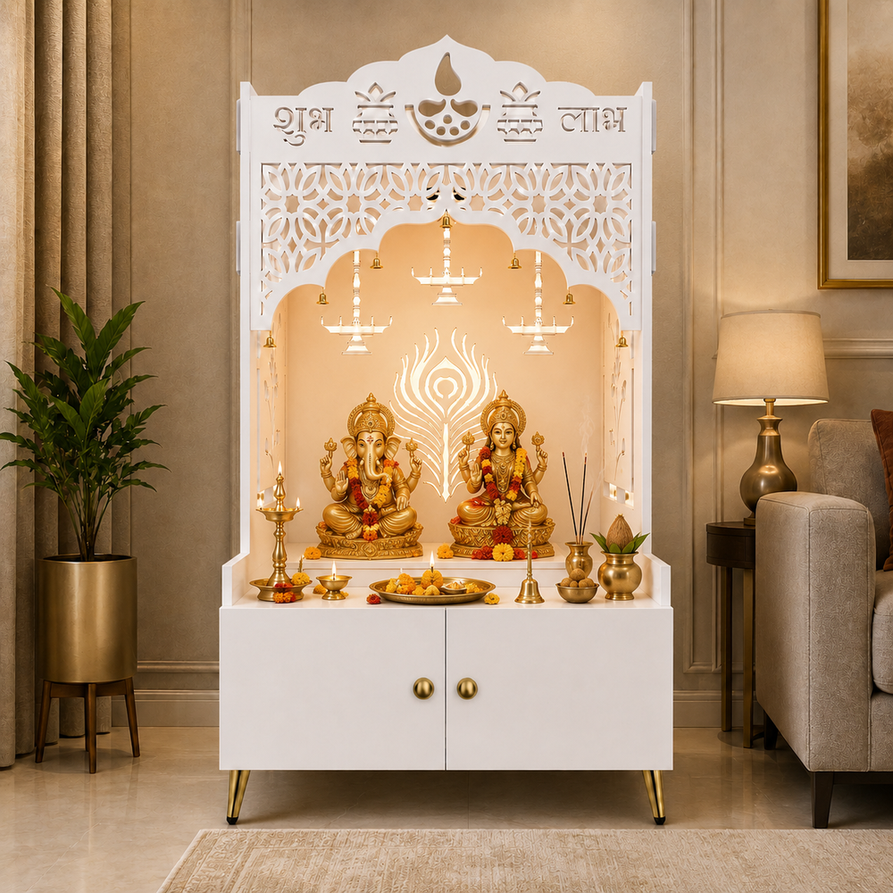 White Wooden Floor Pooja Mandir with Shubh Labh Design Floral & Peacock Feather Motifs Laser-Cut Panels & Storage Cabinet