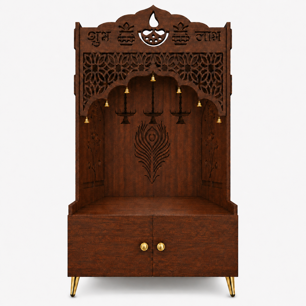 White Wooden Floor Pooja Mandir with Shubh Labh Design Floral & Peacock Feather Motifs Laser-Cut Panels & Storage Cabinet