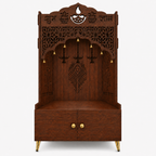 White Wooden Floor Pooja Mandir with Shubh Labh Design Floral & Peacock Feather Motifs Laser-Cut Panels & Storage Cabinet