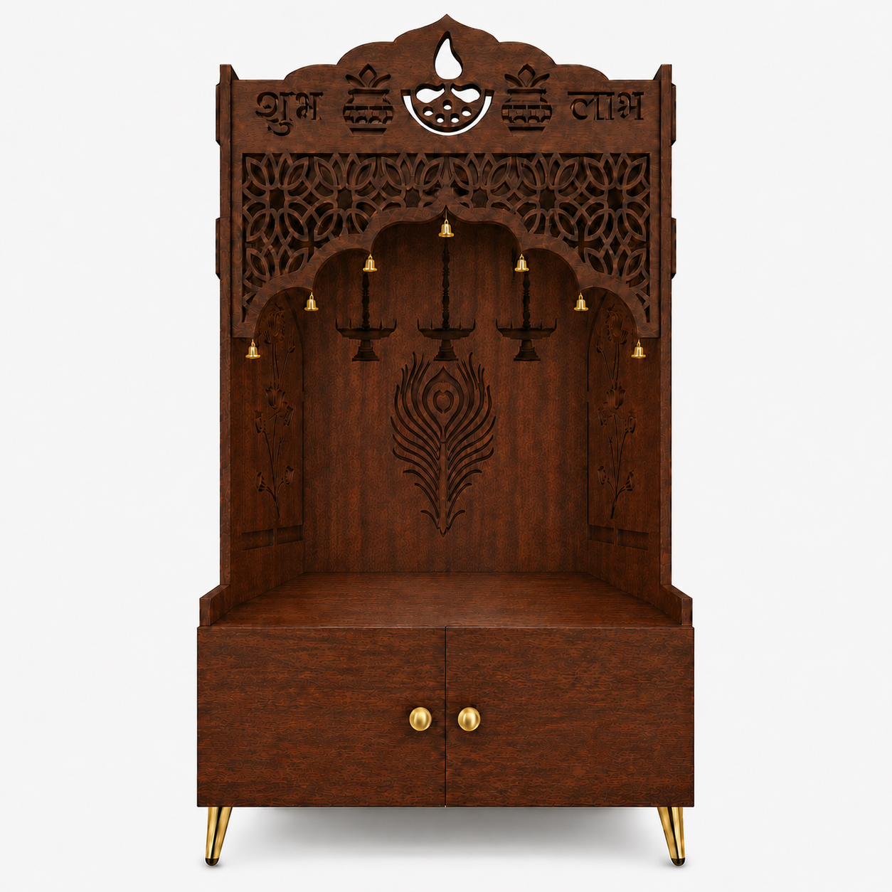 White Wooden Floor Pooja Mandir with Shubh Labh Design Floral & Peacock Feather Motifs Laser-Cut Panels & Storage Cabinet