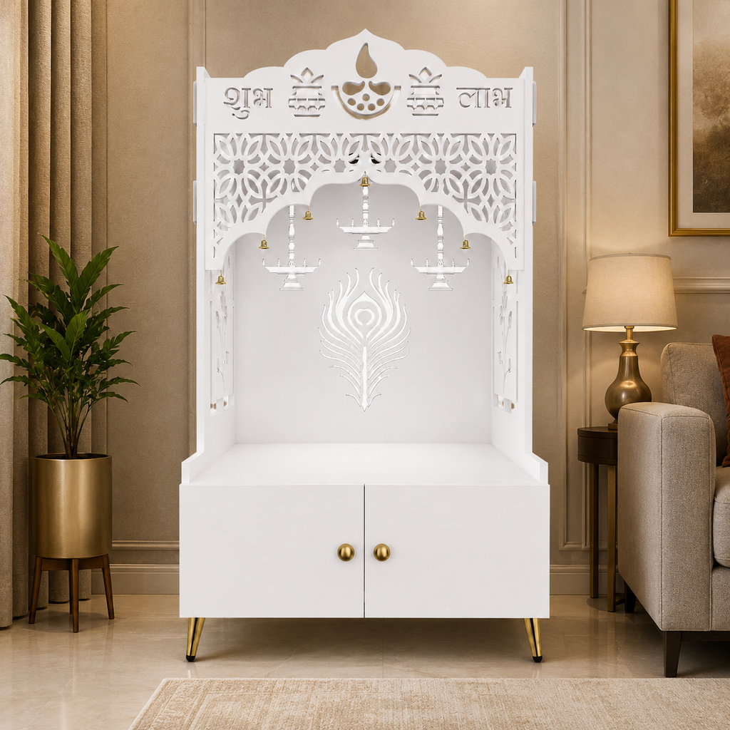 White Wooden Floor Pooja Mandir with Shubh Labh Design Floral & Peacock Feather Motifs Laser-Cut Panels & Storage Cabinet