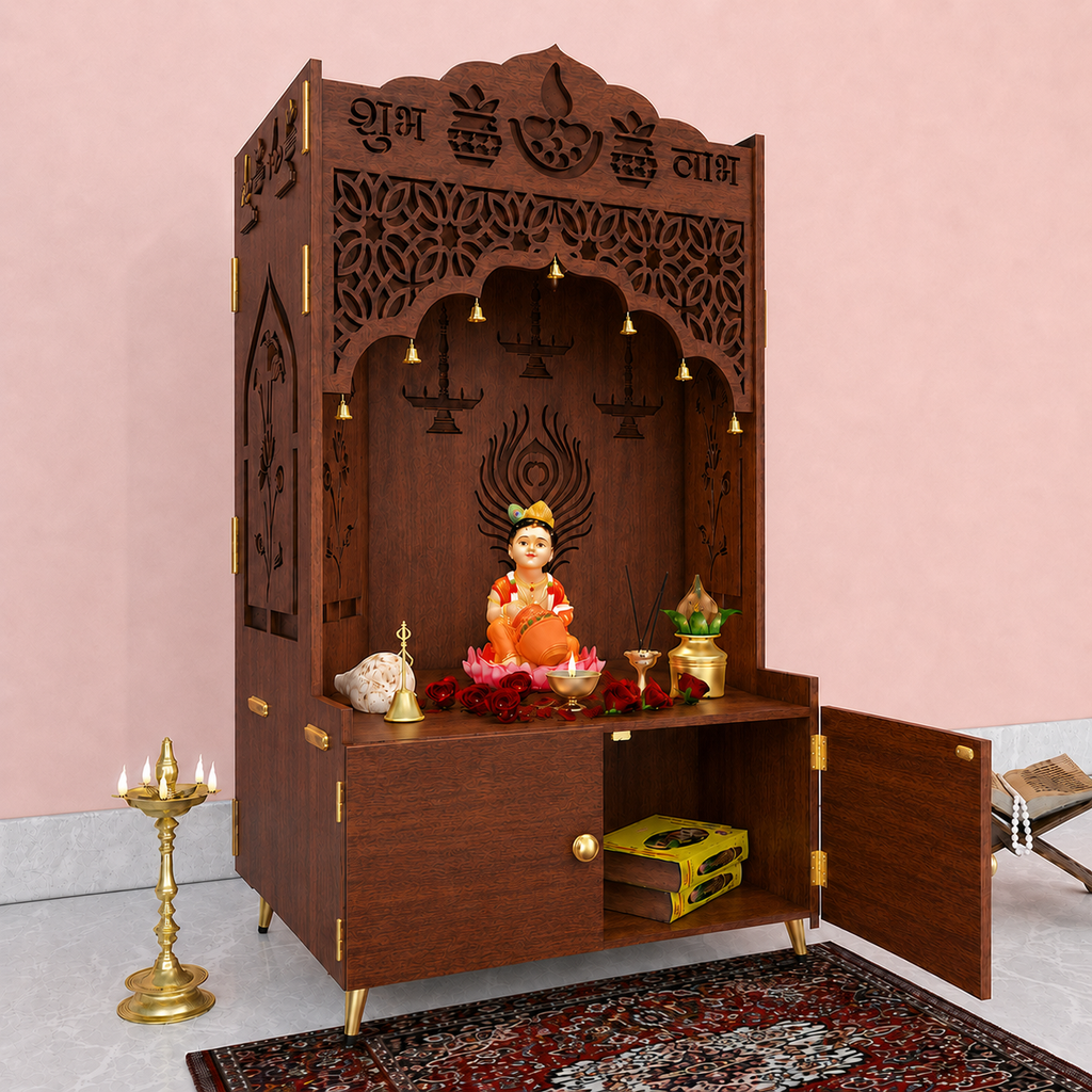 White Wooden Floor Pooja Mandir with Shubh Labh Design Floral & Peacock Feather Motifs Laser-Cut Panels & Storage Cabinet