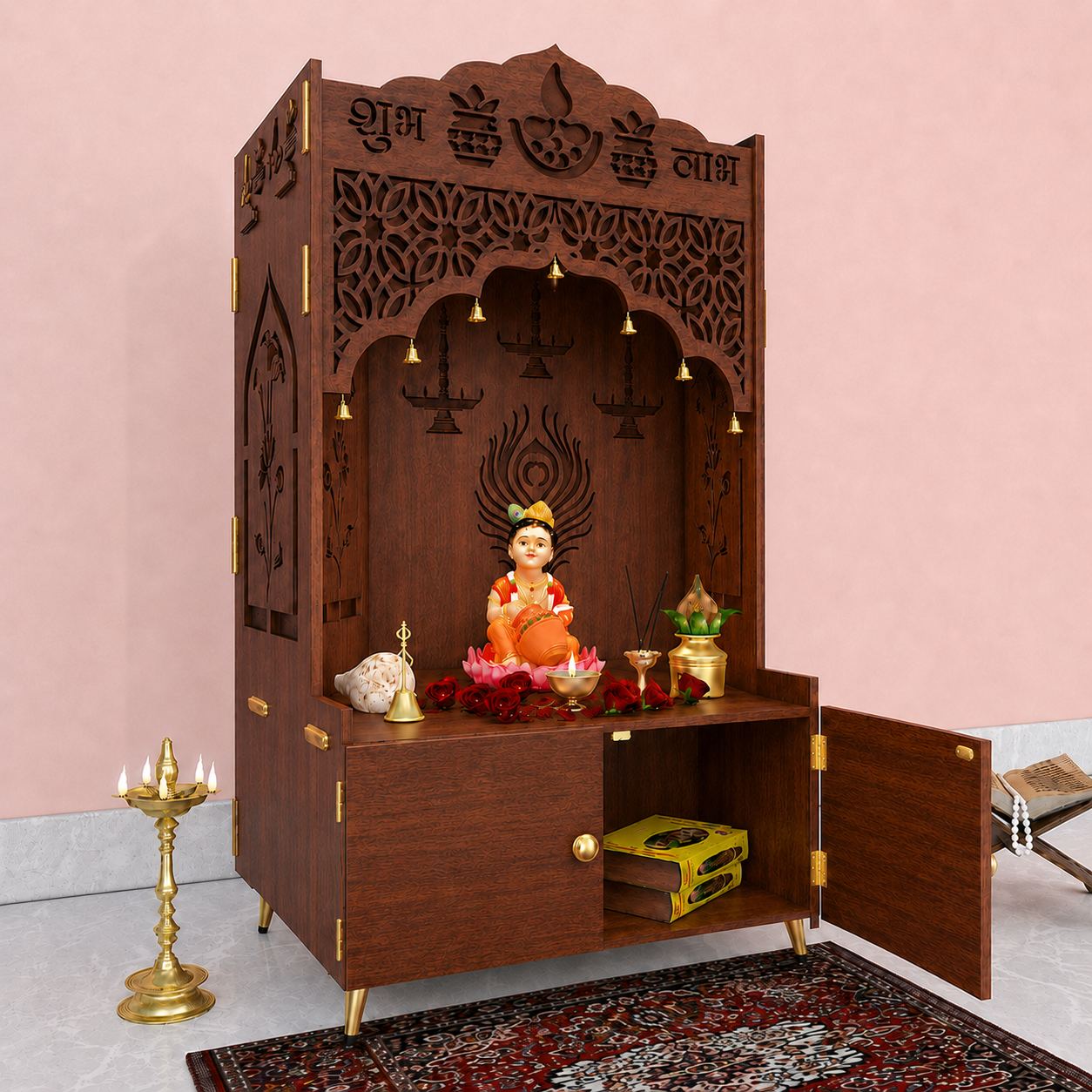 White Wooden Floor Pooja Mandir with Shubh Labh Design Floral & Peacock Feather Motifs Laser-Cut Panels & Storage Cabinet