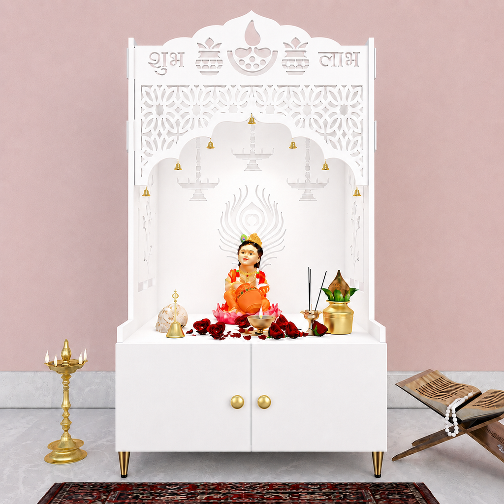 White Wooden Floor Pooja Mandir with Shubh Labh Design Floral & Peacock Feather Motifs Laser-Cut Panels & Storage Cabinet