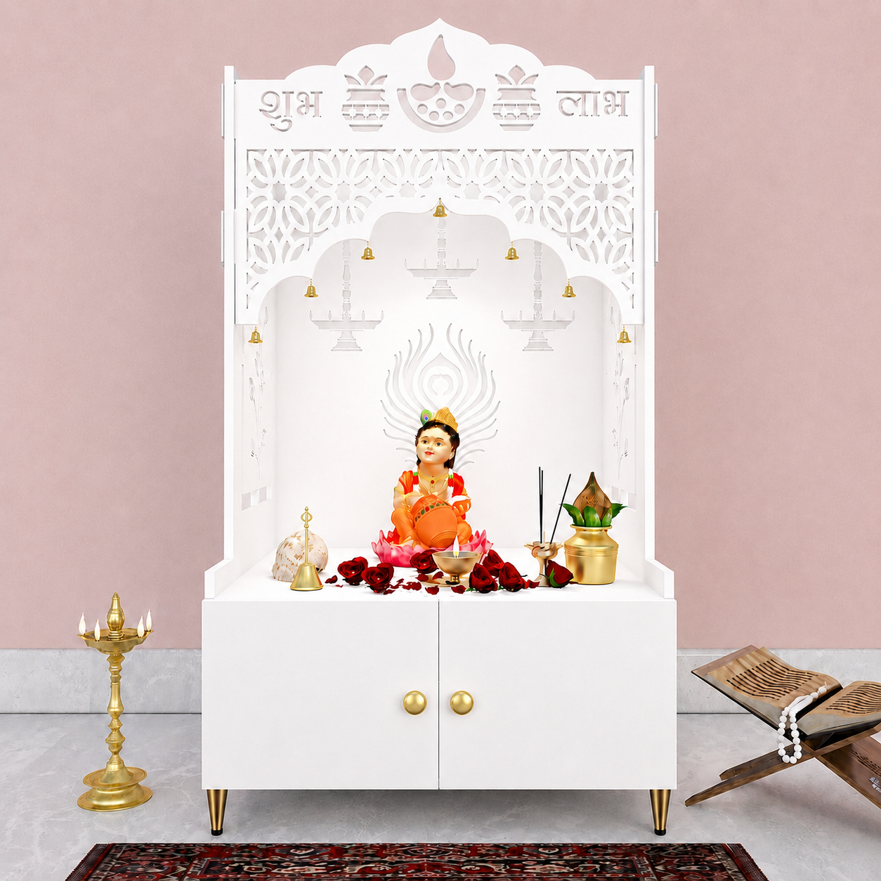 White Wooden Floor Pooja Mandir with Shubh Labh Design Floral & Peacock Feather Motifs Laser-Cut Panels & Storage Cabinet