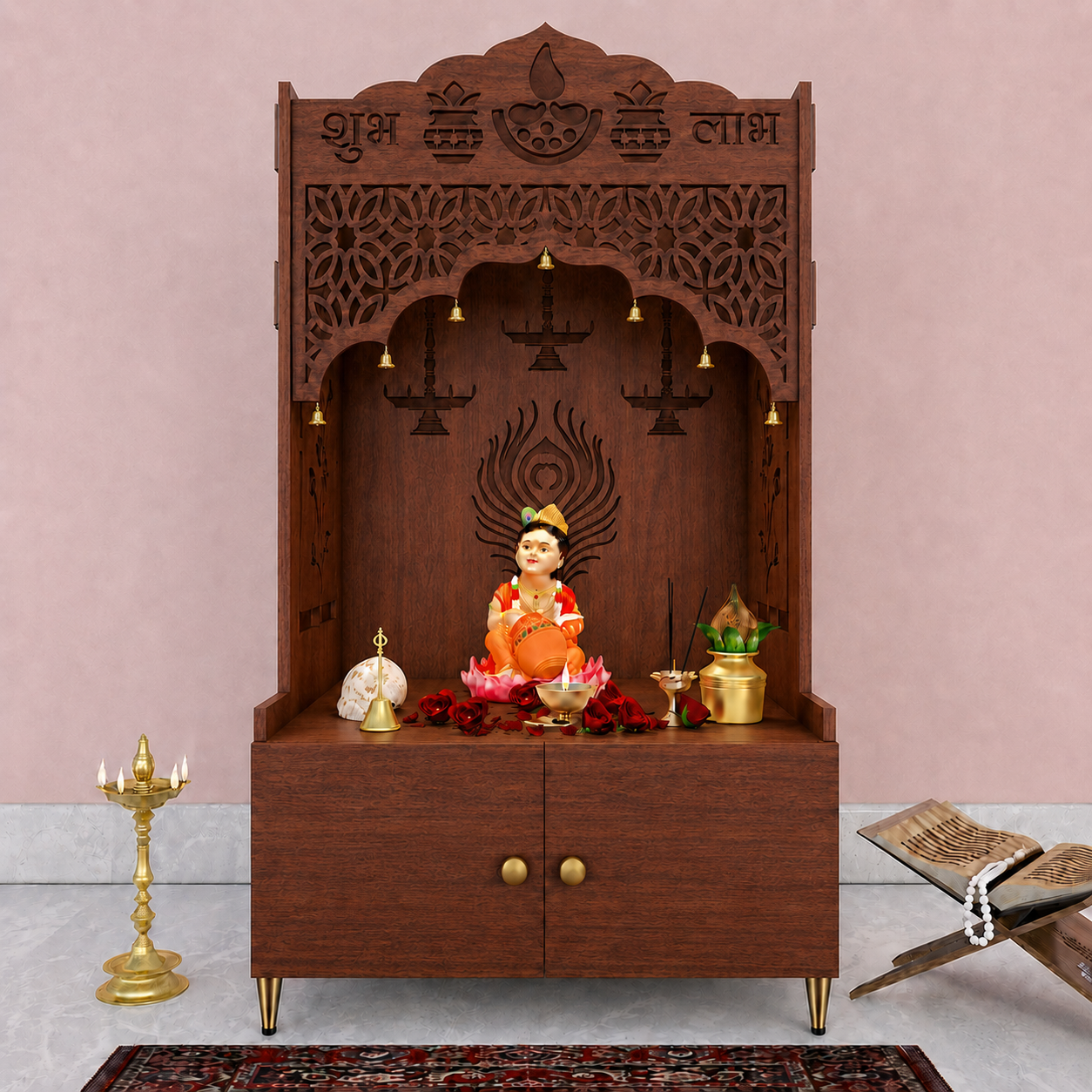 White Wooden Floor Pooja Mandir with Shubh Labh Design Floral & Peacock Feather Motifs Laser-Cut Panels & Storage Cabinet