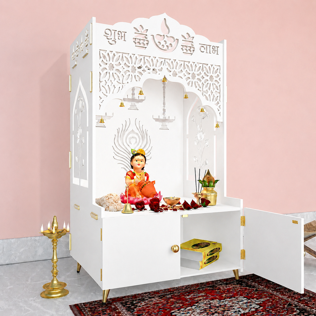 White Wooden Floor Pooja Mandir with Shubh Labh Design Floral & Peacock Feather Motifs Laser-Cut Panels & Storage Cabinet