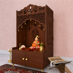 White Wooden Floor Pooja Mandir with Shubh Labh Design Floral & Peacock Feather Motifs Laser-Cut Panels & Storage Cabinet