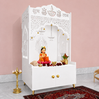 White Wooden Floor Pooja Mandir with Shubh Labh Design Floral & Peacock Feather Motifs Laser-Cut Panels & Storage Cabinet