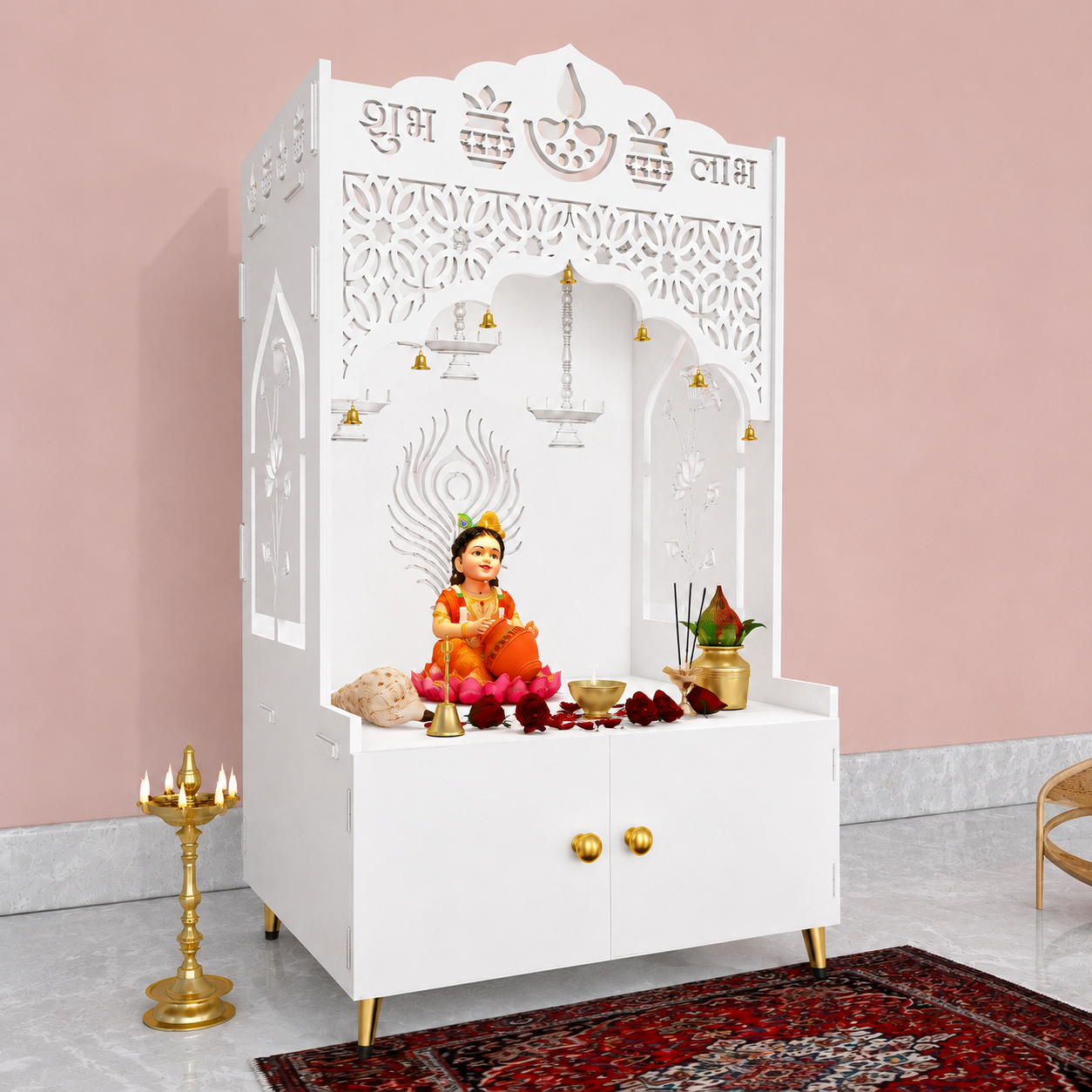 White Wooden Floor Pooja Mandir with Shubh Labh Design Floral & Peacock Feather Motifs Laser-Cut Panels & Storage Cabinet