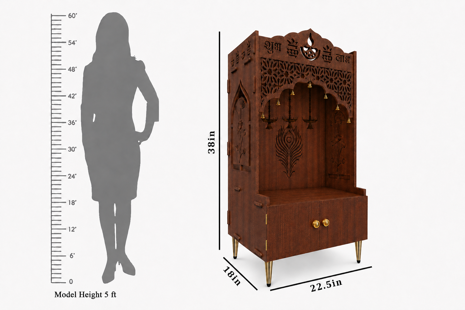 White Wooden Floor Pooja Mandir with Shubh Labh Design Floral & Peacock Feather Motifs Laser-Cut Panels & Storage Cabinet