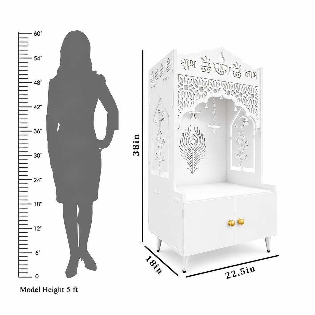 White Wooden Floor Pooja Mandir with Shubh Labh Design Floral & Peacock Feather Motifs Laser-Cut Panels & Storage Cabinet