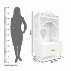 White Wooden Floor Pooja Mandir with Shubh Labh Design Floral & Peacock Feather Motifs Laser-Cut Panels & Storage Cabinet