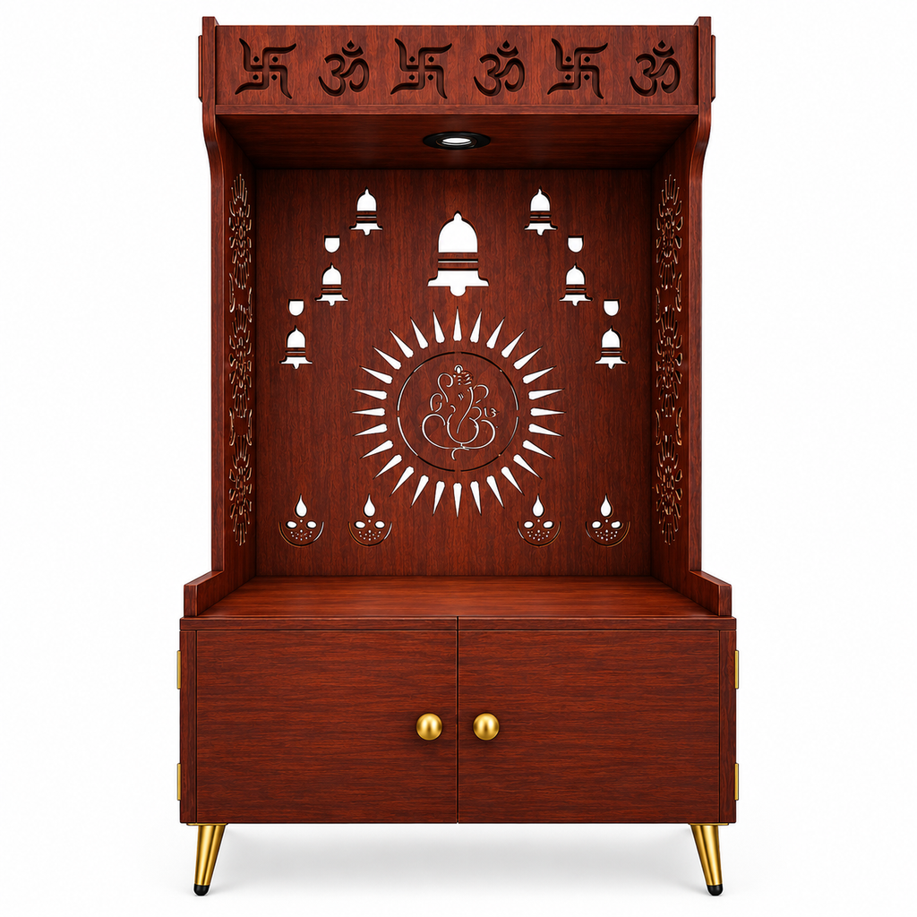White Wooden Floor Pooja Mandir with Om & Swastik Design Ganesh Laser-Cut Back Panel Bell Motifs & Storage Cabinet