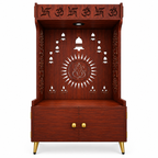 White Wooden Floor Pooja Mandir with Om & Swastik Design Ganesh Laser-Cut Back Panel Bell Motifs & Storage Cabinet