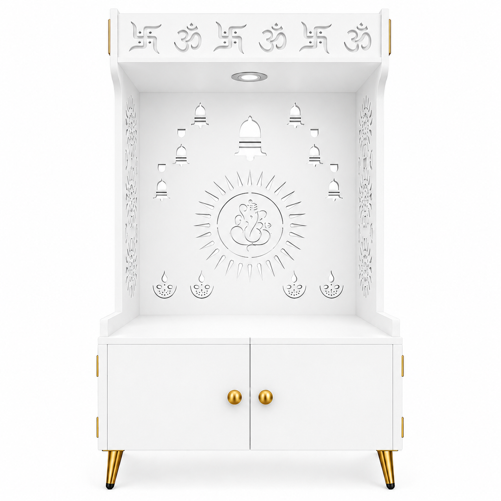White Wooden Floor Pooja Mandir with Om & Swastik Design Ganesh Laser-Cut Back Panel Bell Motifs & Storage Cabinet