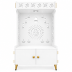 White Wooden Floor Pooja Mandir with Om & Swastik Design Ganesh Laser-Cut Back Panel Bell Motifs & Storage Cabinet