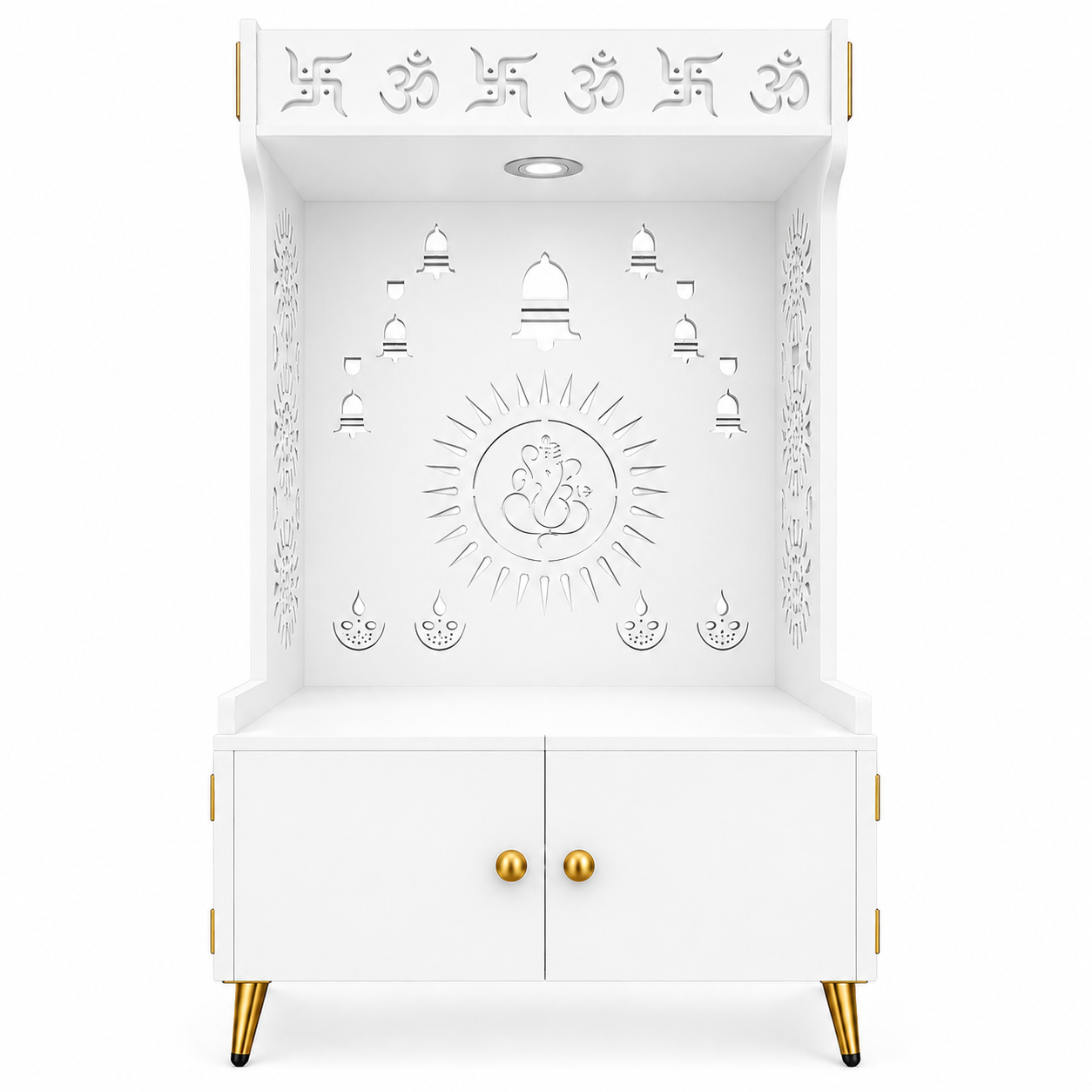 White Wooden Floor Pooja Mandir with Om & Swastik Design Ganesh Laser-Cut Back Panel Bell Motifs & Storage Cabinet