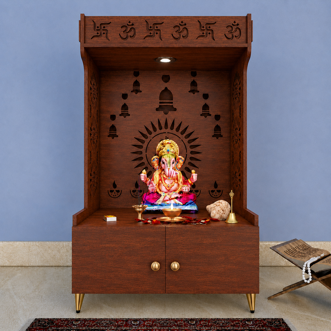 White Wooden Floor Pooja Mandir with Om & Swastik Design Ganesh Laser-Cut Back Panel Bell Motifs & Storage Cabinet
